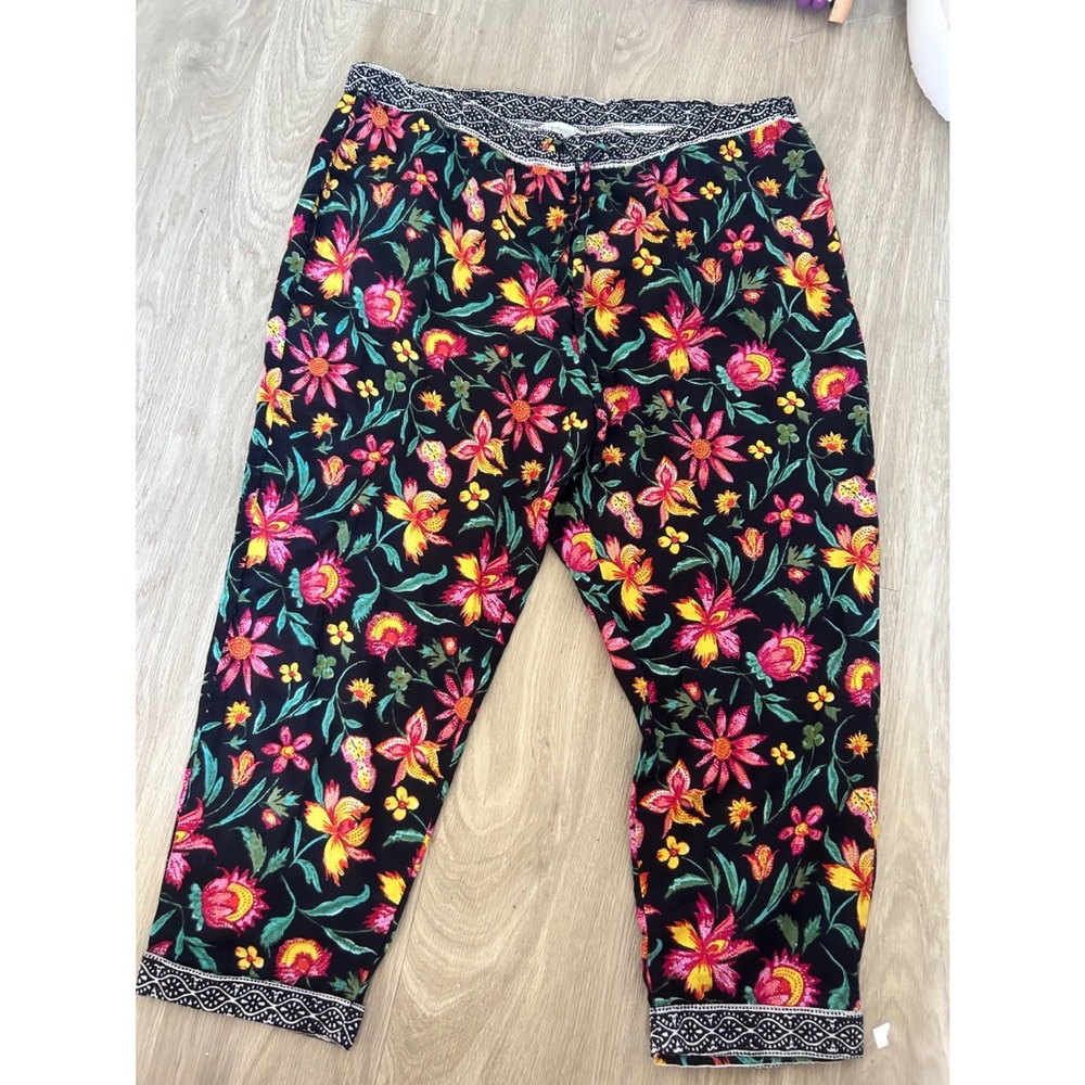 Sundance Womens Floral Cotton Crop Pants Black Pink Yellow‎ Boho Elastic Waist L - Picture 10 of 13